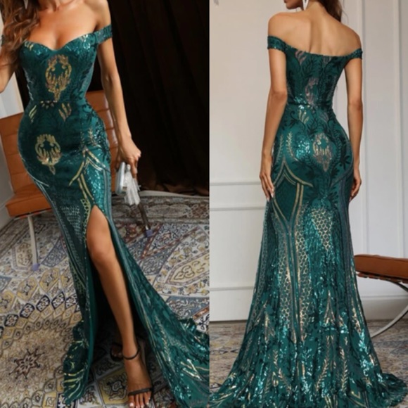 Luxe off shoulder mermaid hem party evening bridesmaids wedding Bardot dress - Picture 2 of 7